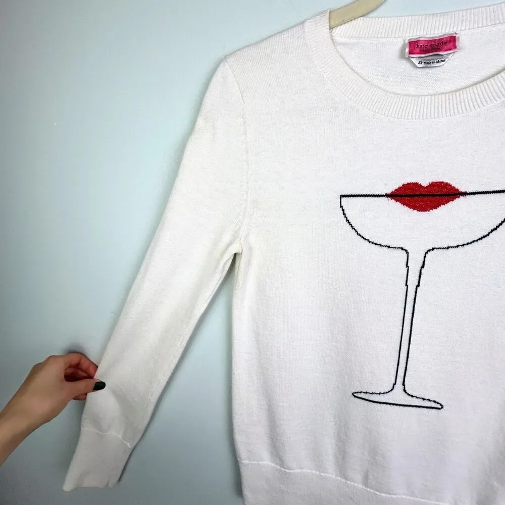 Kate Spade Cocktail Kiss Sweater Cream Cotton Silk Knit Crewneck Pullover XS